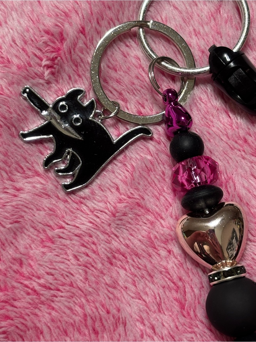 Beaded Keychain with Cat Holding Knife Charm and Black Tassel. - Picture 2 of 3